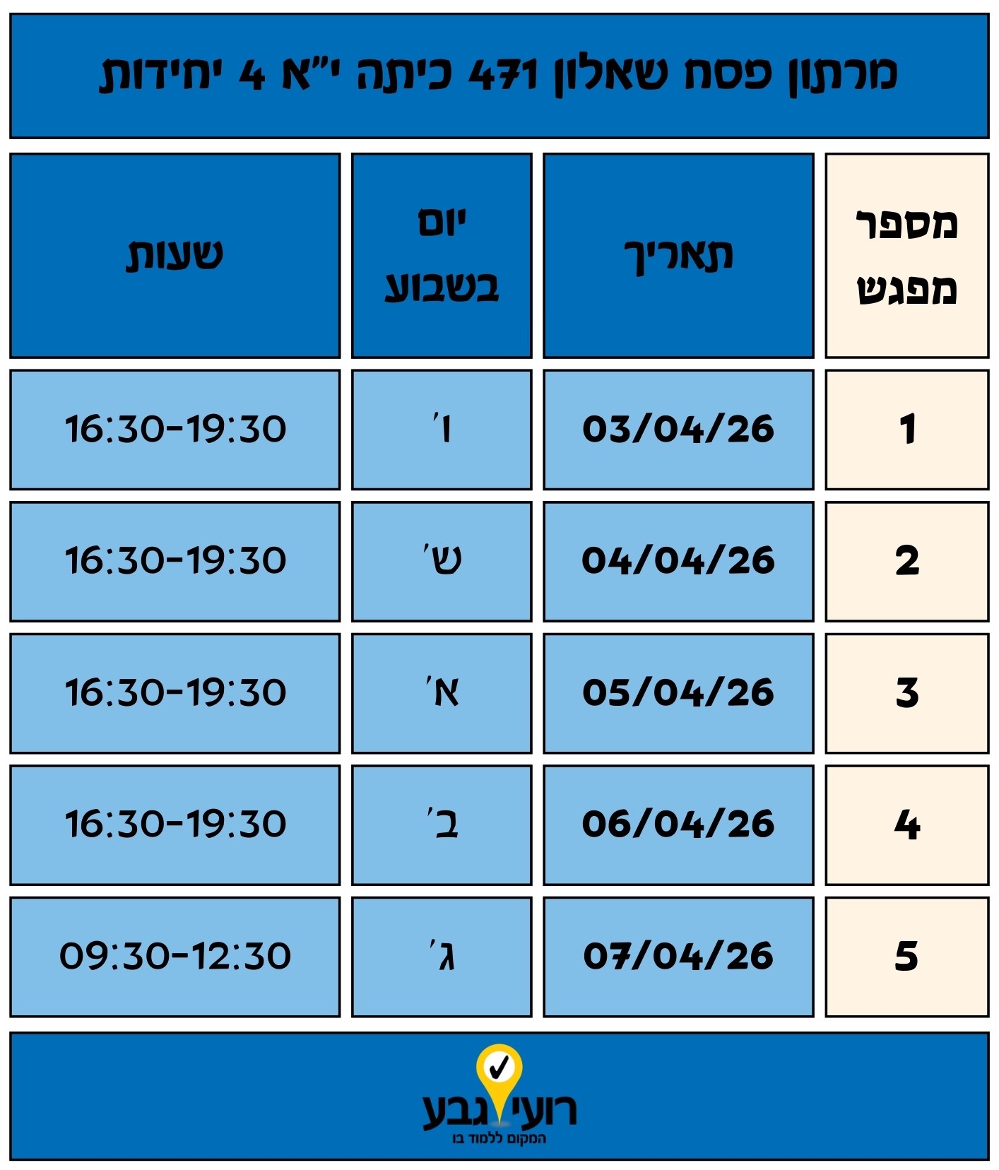 לוח זמנים בעברית מפרט חמישה אירועים עם עמודות למספר האירוע, התאריך, יום השבוע והשעה, תחת הכותרת