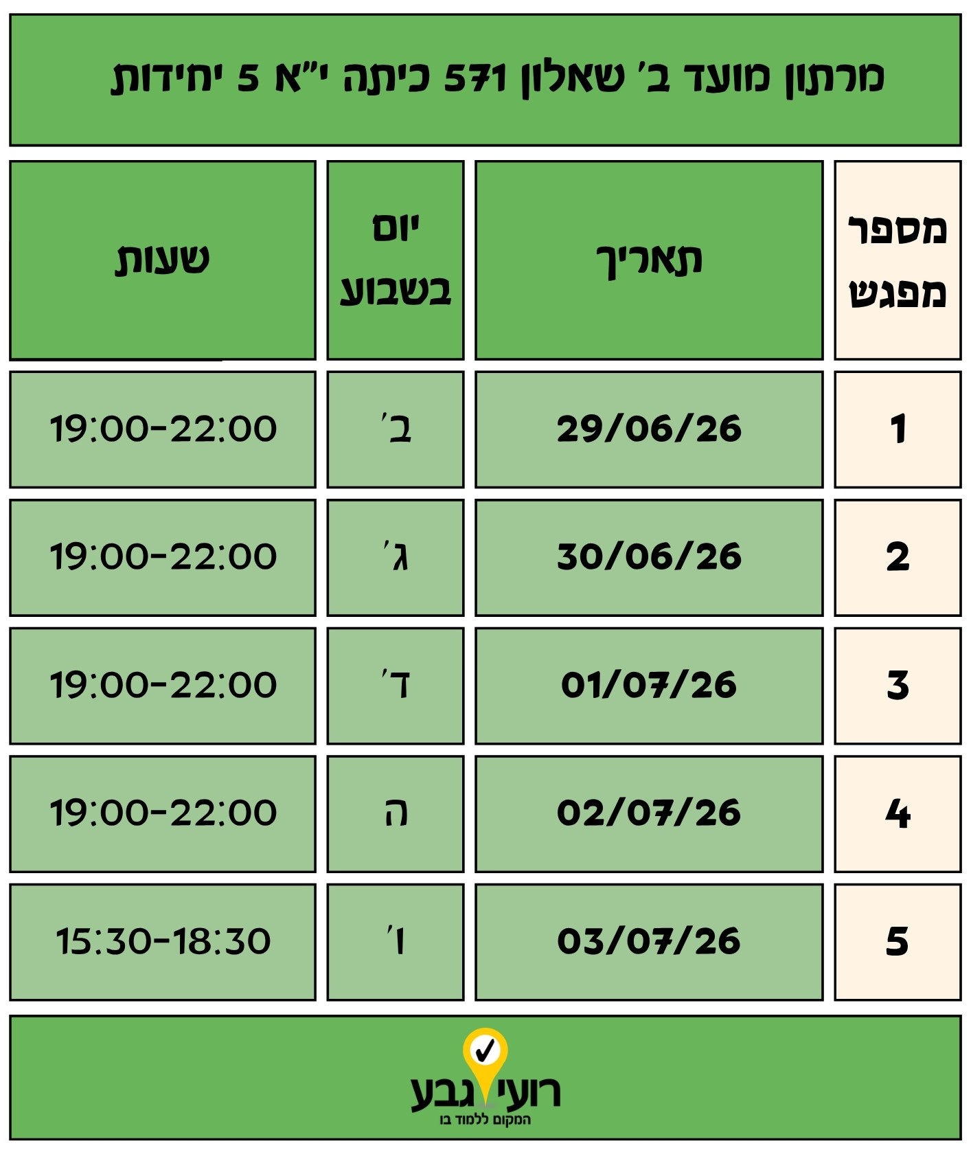 טבלת לוח זמנים בעברית המפרטת חמישה מועדי מפגשים, שעות וימי שבוע של קורס, יחד עם שם הקורס והלוגו בתחתית העמוד.