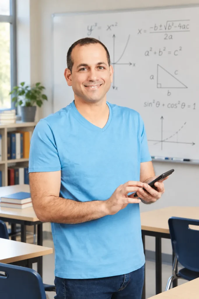 רועי גבע מחזיק טלפון בכיתה, מול לוח עם נוסחאות