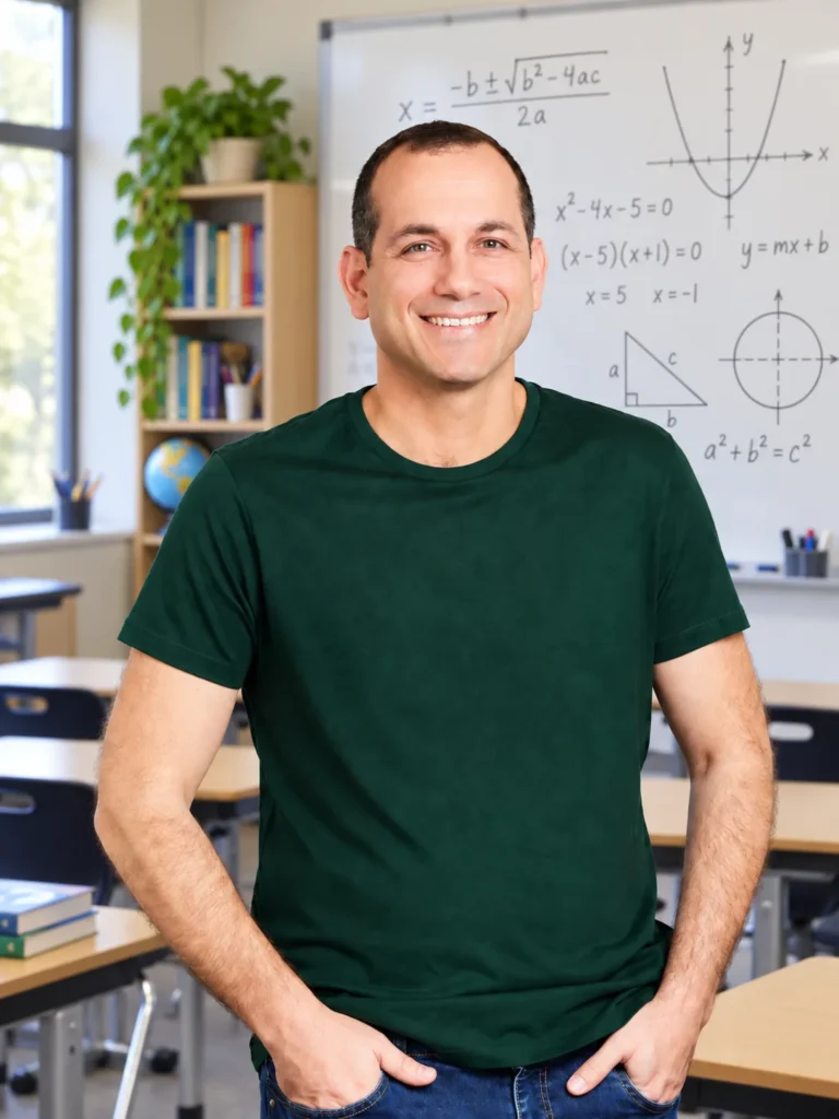 רועי גבע, מורה למתמטיקה, עומד בכיתה מול לוח עם נוסחאות