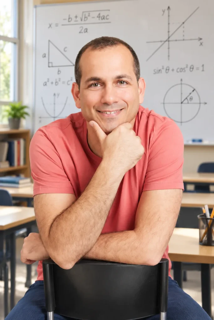 רועי גבע, מורה למתמטיקה, יושב בכיתה מול לוח עם נוסחאות